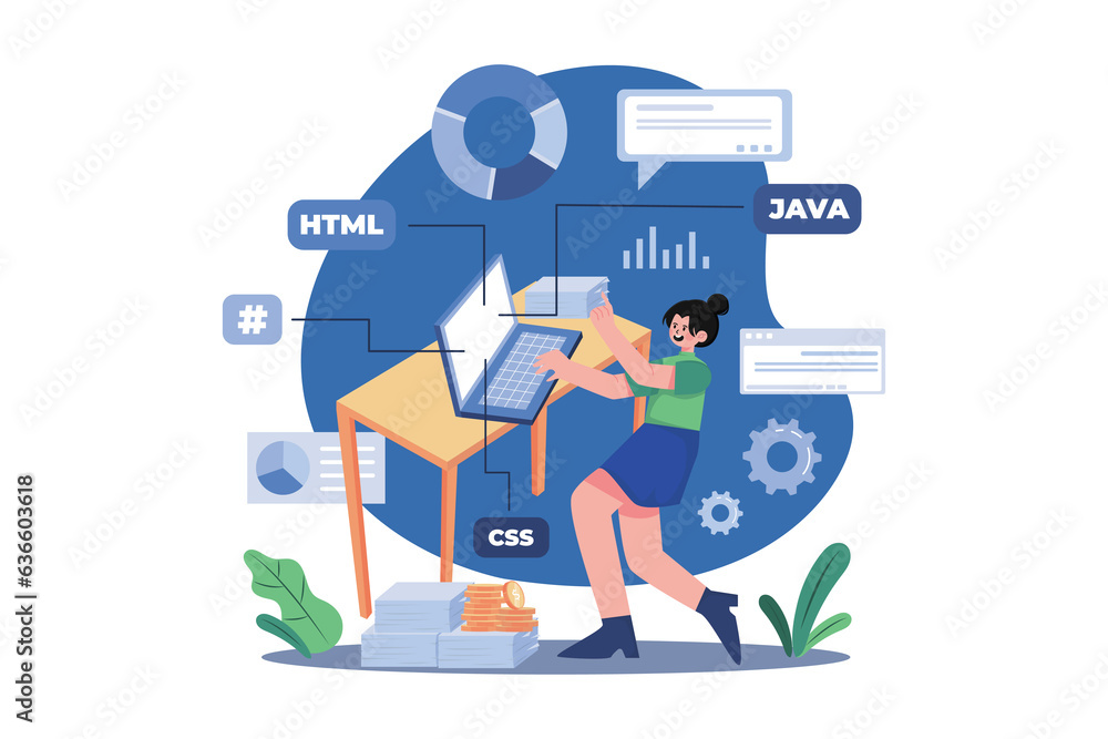 Woman programming on a laptop Illustration concept on white background Woman programming on a laptop Illustration concept on white background