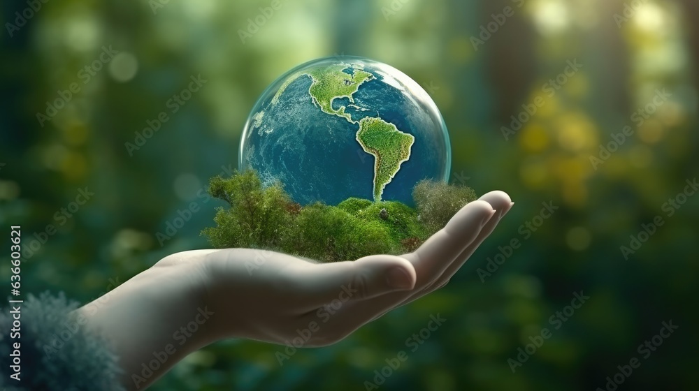 Hand holding earth planet with abundance of forest lush greenery for green nature environment and love the earth concept. Hand holding earth planet with abundance of forest lush greenery for green nature environment and love the earth concept.