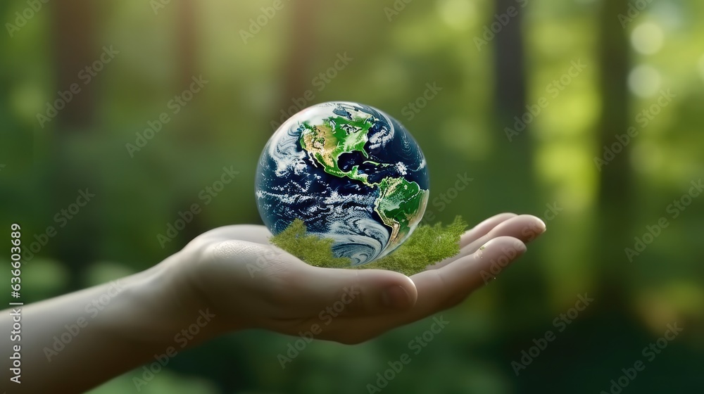 Hand holding earth planet with abundance of forest lush greenery for green nature environment and love the earth concept. Hand holding earth planet with abundance of forest lush greenery for green nature environment and love the earth concept.