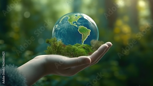 Hand holding earth planet with abundance of forest lush greenery for green nature environment and love the earth concept.