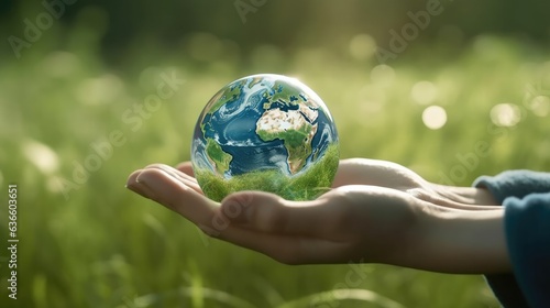 Hand holding earth planet with abundance of forest lush greenery for green nature environment and love the earth concept.