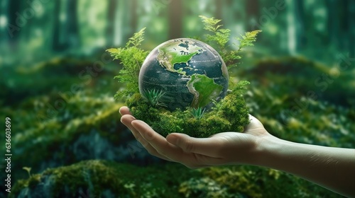 Fototapeta Naklejka Na Ścianę i Meble -  Hand holding earth planet with abundance of forest lush greenery for green nature environment and love the earth concept.
