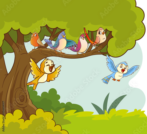 vector illustration of colorful birds sitting on beautiful trees