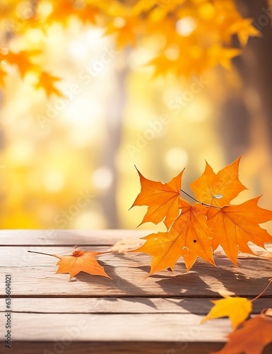 A bright golden maple tree leaf branch cascading over an empty wooden table  illuminated by a dreamy bokeh light background