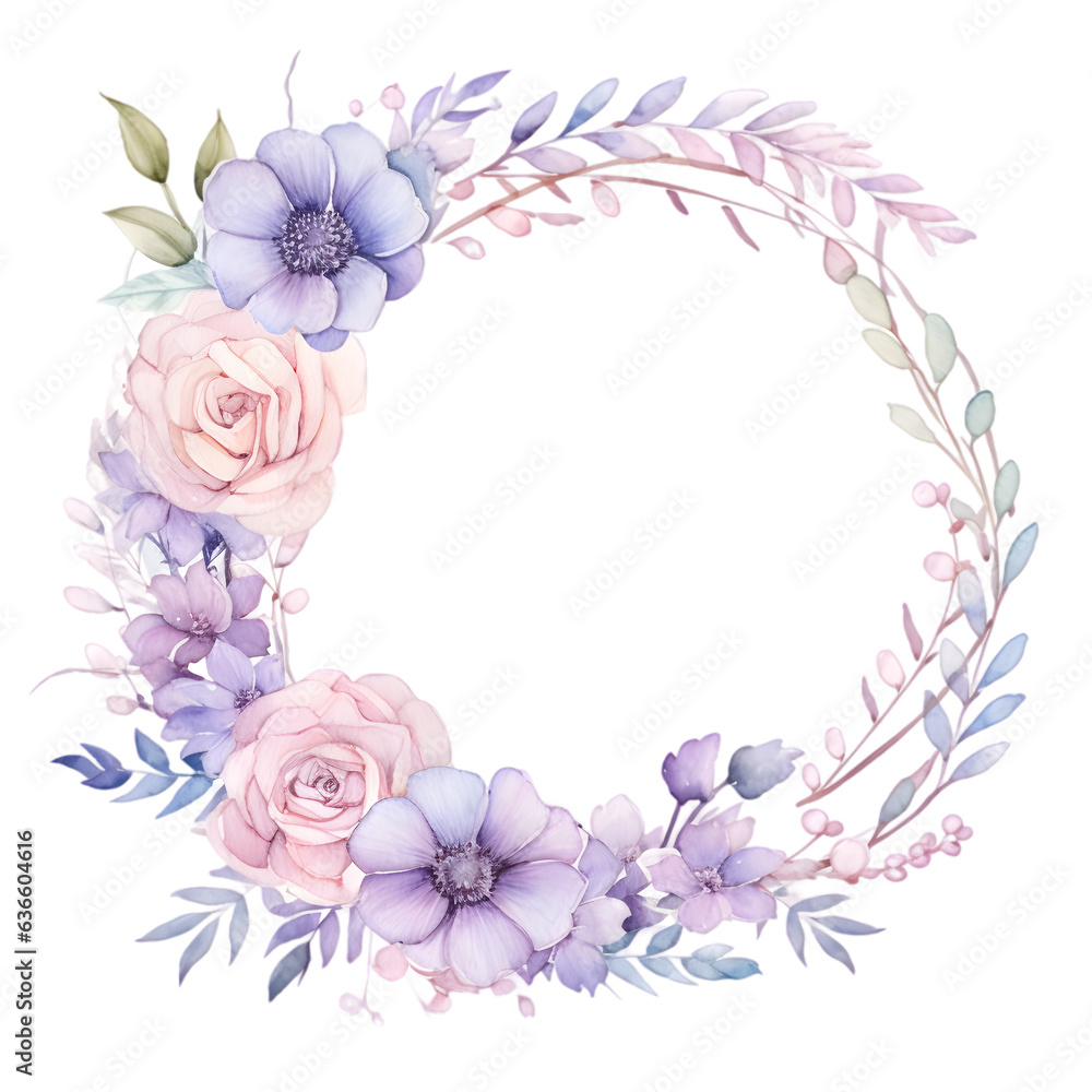 Flowers wreath hand painted watercolor illustration isolated on transparent background