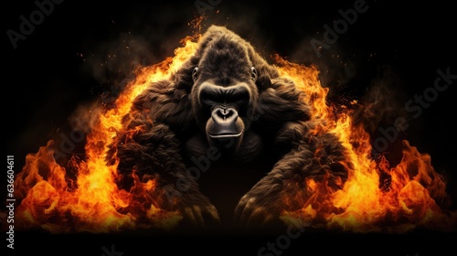 Epic gorilla animal portrait, flaming background, warrior figure, determination ready for action, blazing fire . wallpaper, Generative AI  photo