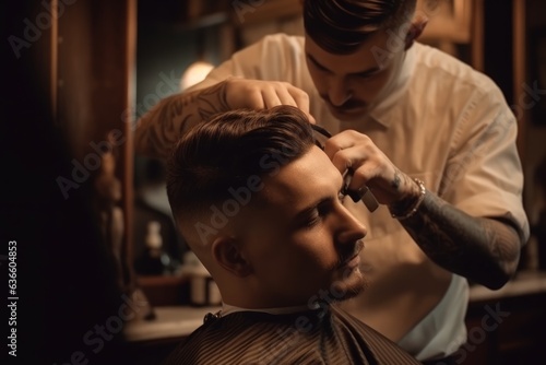 A hairdresser cuts a guy's hair