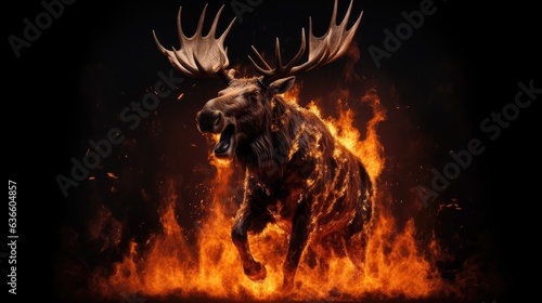 Epic moose animal portrait, flaming background, warrior figure, determination ready for action, blazing fire . wallpaper, Generative AI  photo