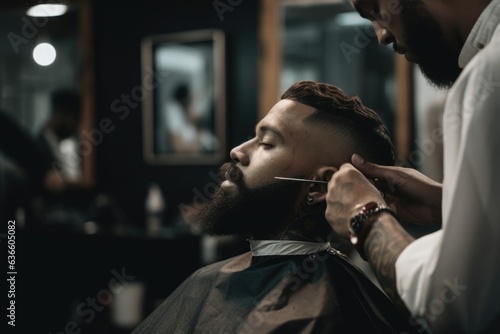 Barbershop. Stylist forms a beautiful beard for a guy