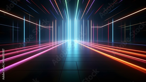 3D Render of a Room with Glowing Multicolor Neon Lines. Abstract Background © Florian