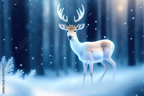 Beautiful Christmas scene with a deer in a winter snowy forest. AI generated. © Laura Pashkevich