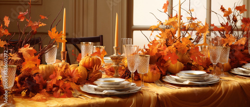 Jesienna dekoracja stołu - kryształowa zastawa, złoty obrus, świeczniki, dynie i kompozycje z kolorowych jesiennych liści