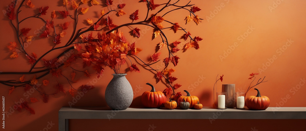 Jesienna dekoracja domu z gałązek i liści klonu na tle pomarańczowej ściany oraz stolik z dyniami, wazonami i świecami - obrazy, fototapety, plakaty 