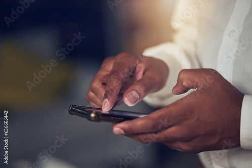 Hands, app and phone for social media with a business person closeup for networking or browsing. Mobile, contact and communication with an employee scrolling on a smartphone to search the internet
