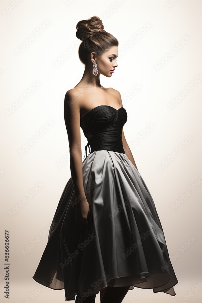 A woman in a black and white dress posing for a picture. Digital image. Prom dress silhouette. A woman in a black and white dress posing for a picture. Digital image. Prom dress silhouette.