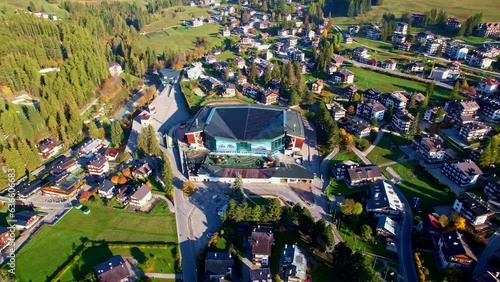 Aerial view of the Ice Stadium in Cortina d'Ampezzo, Veneto, Italy