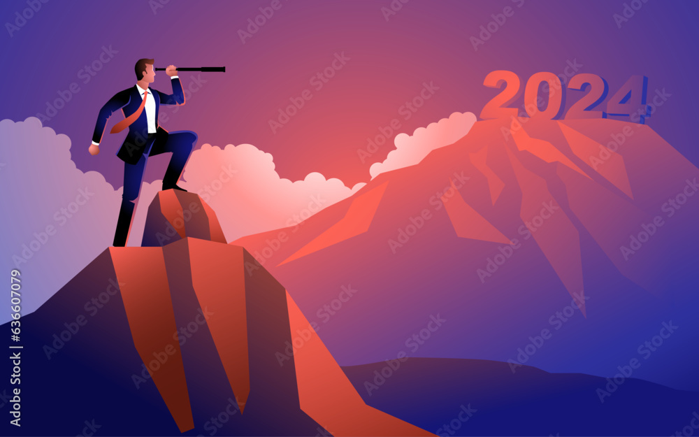 Businessman looking at the fuzziness of the year 2024 through telescope, forecast, prediction in business, vector illustration - obrazy, fototapety, plakaty 
