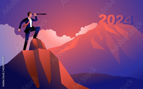Businessman looking at the fuzziness of the year 2024 through telescope, forecast, prediction in business, vector illustration photo
