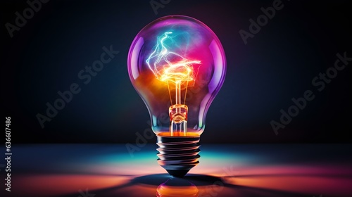 Close up of a multicolored Light Bulb in front of a dark Background
