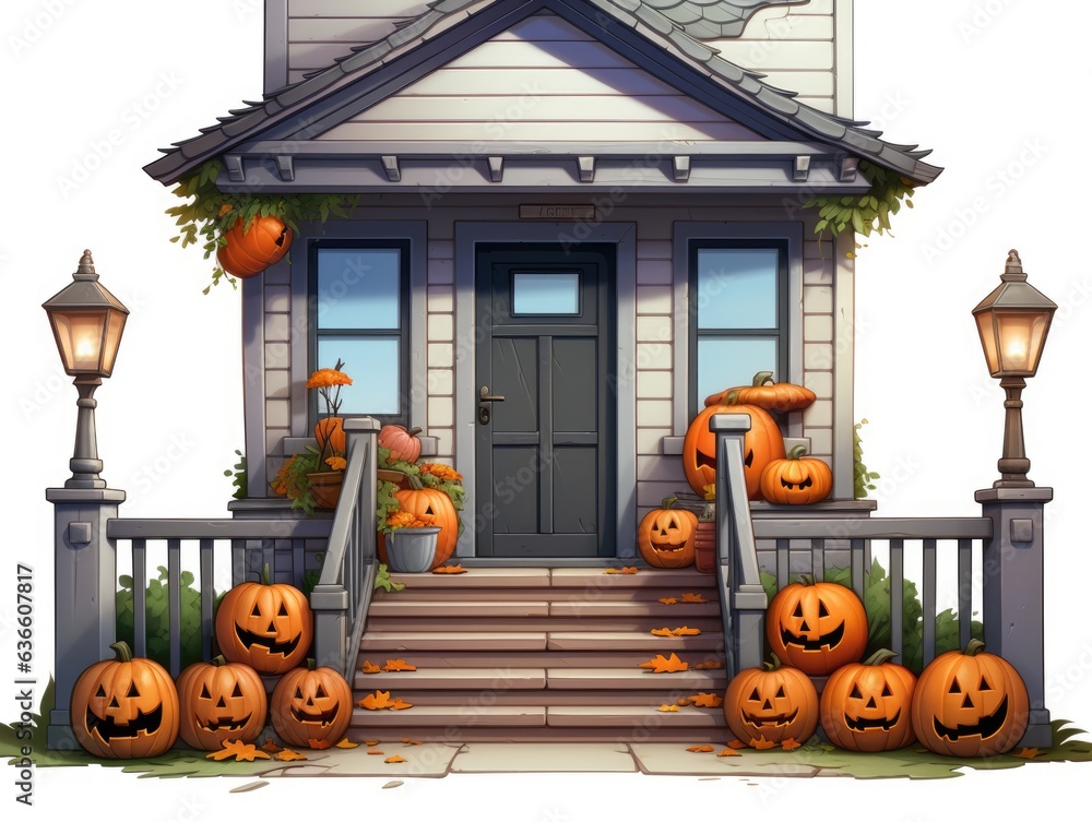 A house with pumpkins on the front steps. Digital image. Halloween decor. A house with pumpkins on the front steps. Digital image. Halloween decor.