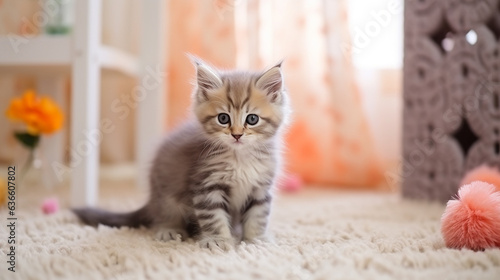 Generative AI, a small fluffy ginger kitten sits on a carpet in a stylish room, living room, children's room, cute pet, big eyes, adorable cat, cartoon style
