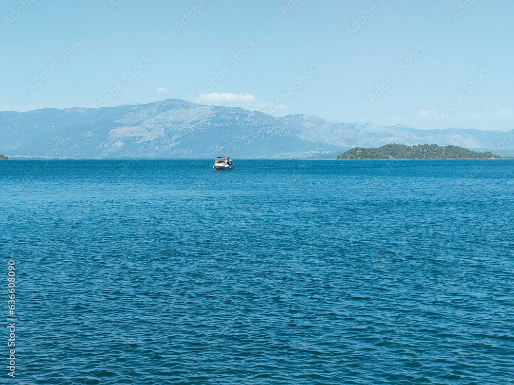 boat on the lake ,all blue 