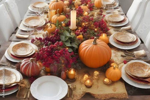 Thanksgiving dinner table. Thanksgiving day or seasonal autumn background with chicken, spoons, forks, plates, apples, pumpkins, peas, pecan, berry pie, cheese, and other ingredient. Generative Ai 
