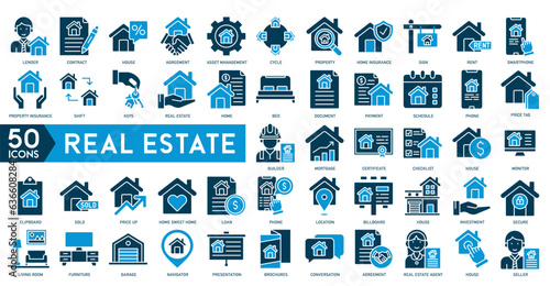 real estate icons vector house, estate document, rent signboard, sold, apartments, search, home protect icon