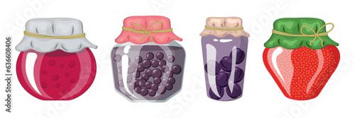 A set of glass compote or jars with pickled vegetables and fruits. Cartoon flat vector illustration. Vector illustration of canned fruits and vegetables, healthy meal set © Cavid