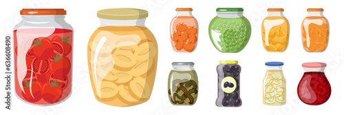 A set of glass compote or jars with pickled vegetables and fruits. Cartoon flat vector illustration. Vector illustration of canned fruits and vegetables, healthy meal set