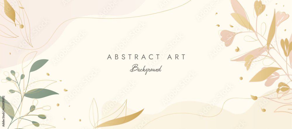 Luxury minimal style abstract art background vector with golden line art flower and botanical leaves, Organic shapes, Watercolor. Vector background for banner, poster, Web and packaging.