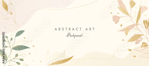 Luxury minimal style abstract art background vector with golden line art flower and botanical leaves, Organic shapes, Watercolor. Vector background for banner, poster, Web and packaging.