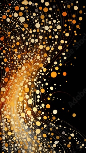 A black background with gold and white circles. Digital image.