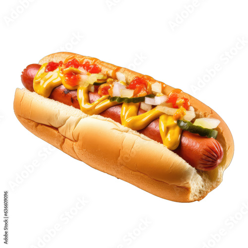 Appetizing hot dog with sausage and mustard on a white transparent background, png photo