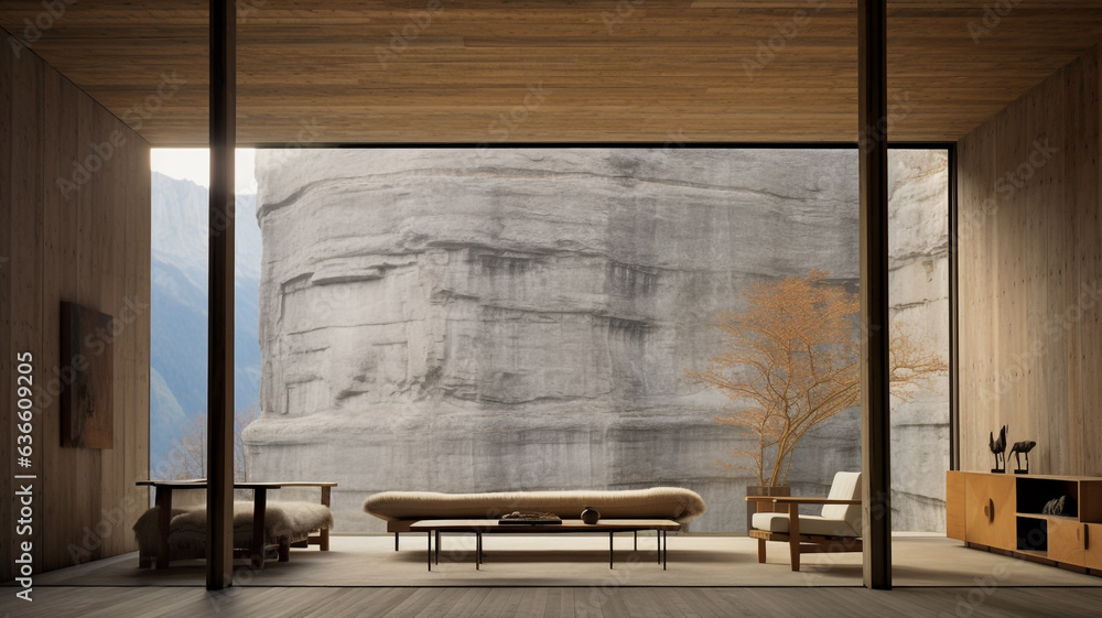 Ascetic minimalism defines the interior architecture wood stone plants - obrazy, fototapety, plakaty 