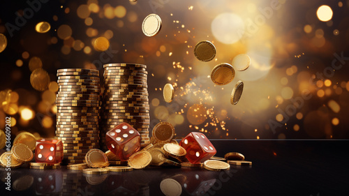 Realistic casino background with flying chips golden photo