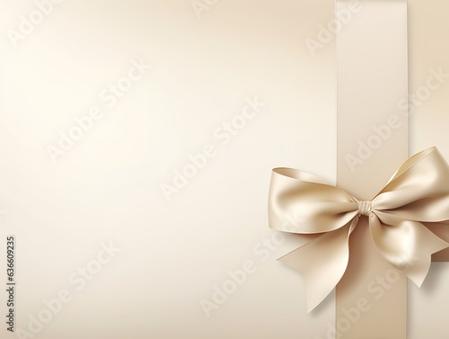Holiday beige background with gift, red satin bow, ribbon with Copy space. Generative AI