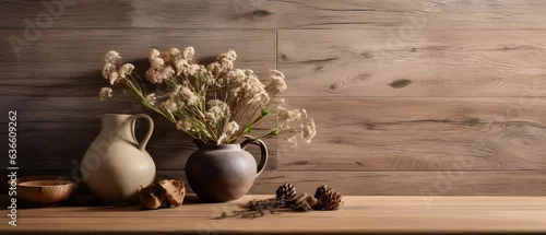 Panel kuchenny z motywem Ceramiczne wazony z suszonymi kwiatami na drewnianym tle