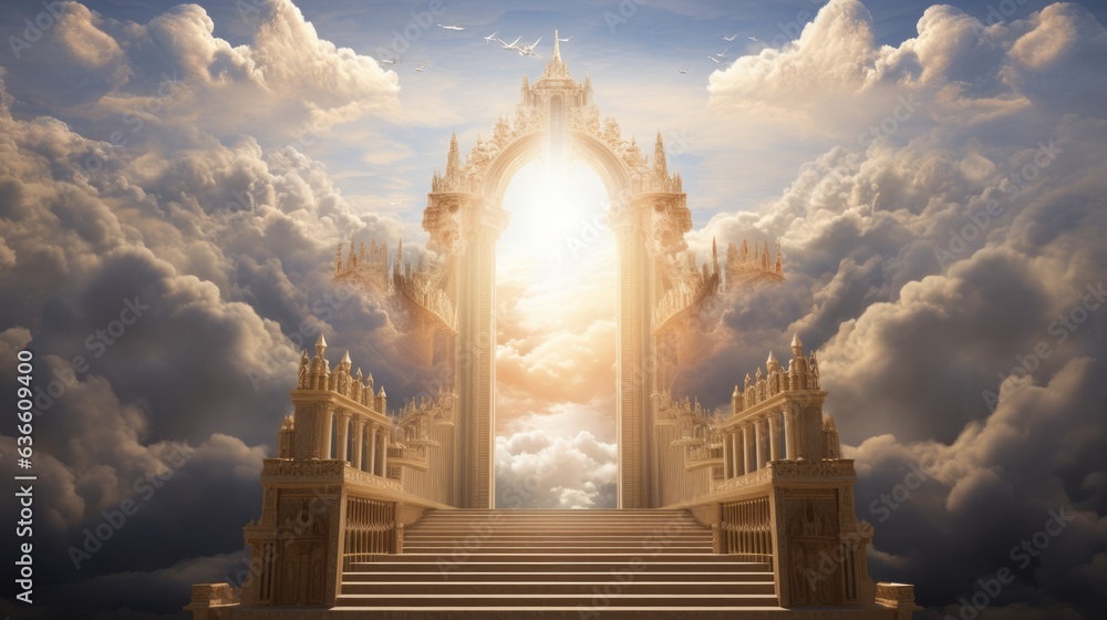 Golden gates to heaven. Stairway that leads to a big, beautiful heaven entrance. Shiny golden