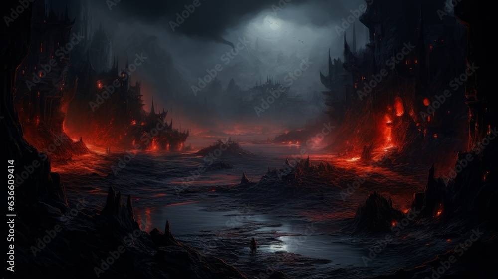 The landscape of hell. Concept art of hell. Illustration of an abandoned apocalyptic land. Scary render of the entrance to the underworld, with fire and lava.  Fantasy landscape of a burning place.