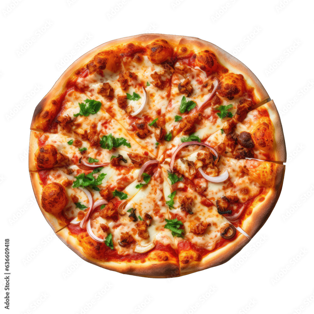 Appetizing pizza with sausage on a white transparent background, png