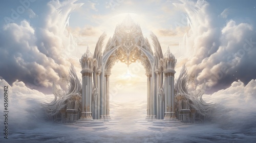 Gates to heaven. Stairway that leads to a big, beautiful heaven entrance. Staircase to heaven, interpretation. Fantasy portal to heaven with a blue sky and white clouds. Mystical entrance to heaven.