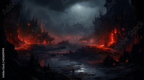 The landscape of hell. Concept art of hell. Illustration of an abandoned apocalyptic land. Scary render of the entrance to the underworld, with fire and lava.  Fantasy landscape of a burning place. © Valua Vitaly