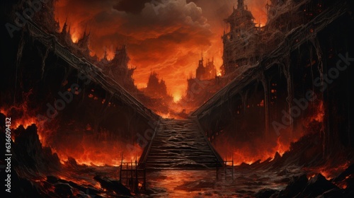 Stairway to hell. Concept art of hell's entrance. Illustration of a staircase to a villain's lair. Scary render of the entrance to the underworld. Fantasy landscape of a burning place.