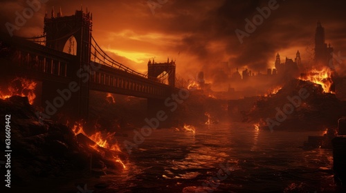 Burning London on the background of the Tower Bridge in the United Kingdom. London in flames. Apocalypse and global warming. Nuclear war.