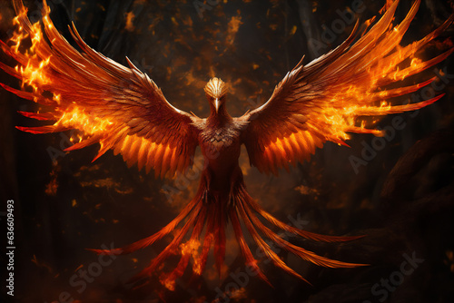 fire phoenix in deep forest, spread wings, hyper realistic, dramatic light, Create using generative AI tool.