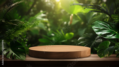 product podium wooden green background plants on wooden table depth of field