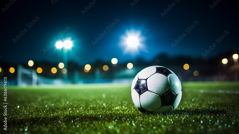 Fototapeta premium Soccer ball on green grass of football stadium at night with lights