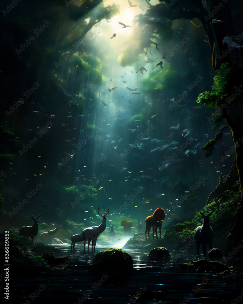 deep rain forest with silhouette of various animals, hyper realistic, dramatic light, Create using generative AI tool.