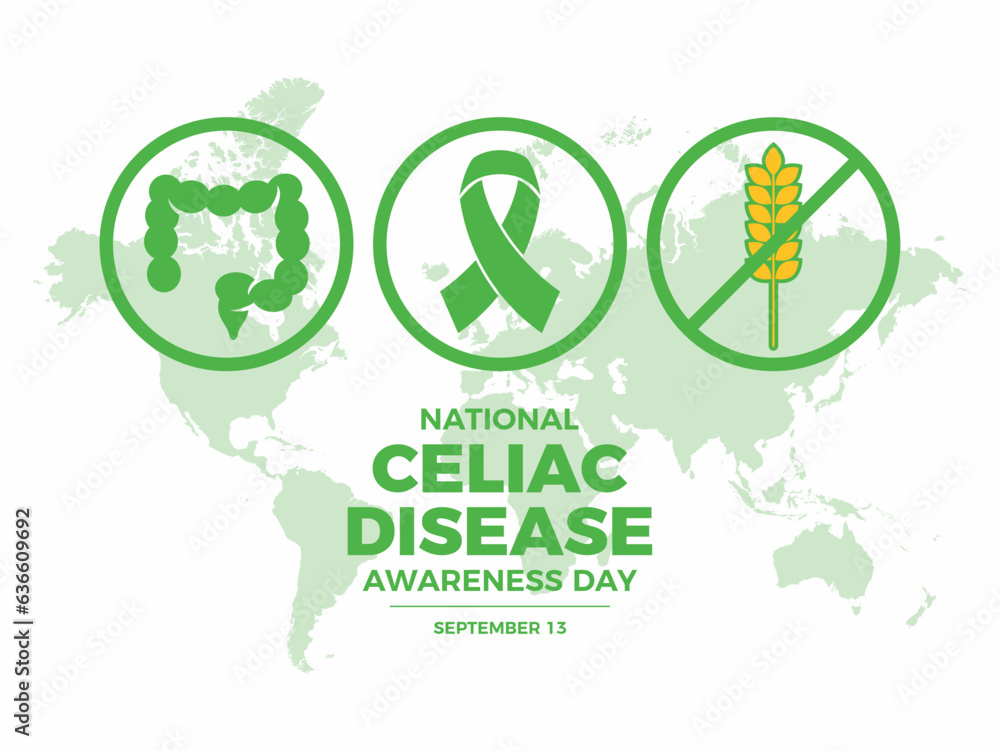 National Celiac Disease Awareness Day vector illustration. Green awareness ribbon and celiac disease round icon set vector. September 13 every year. Important day